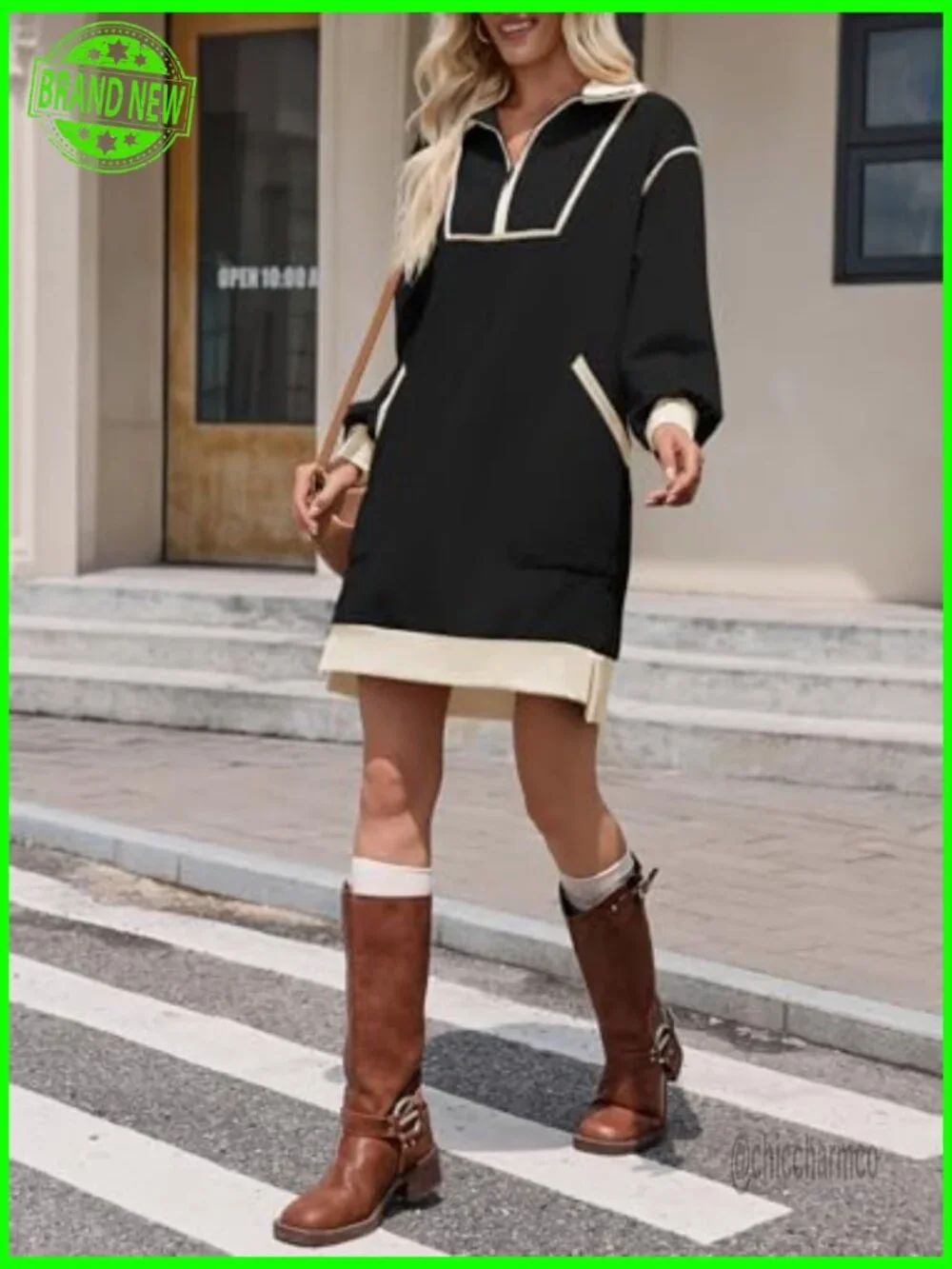 Oversized Half Zip Sweatshirt Dress Long Sleeve Mini Dress with Pockets - Picture 6 of 7